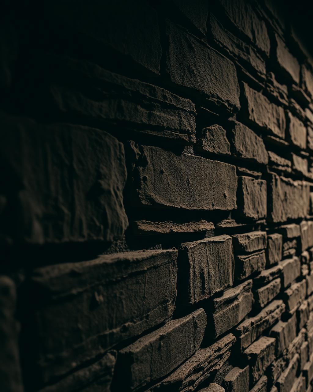 Mur de pierre maçonné, joint de mortier travaillé à la lumière rasante