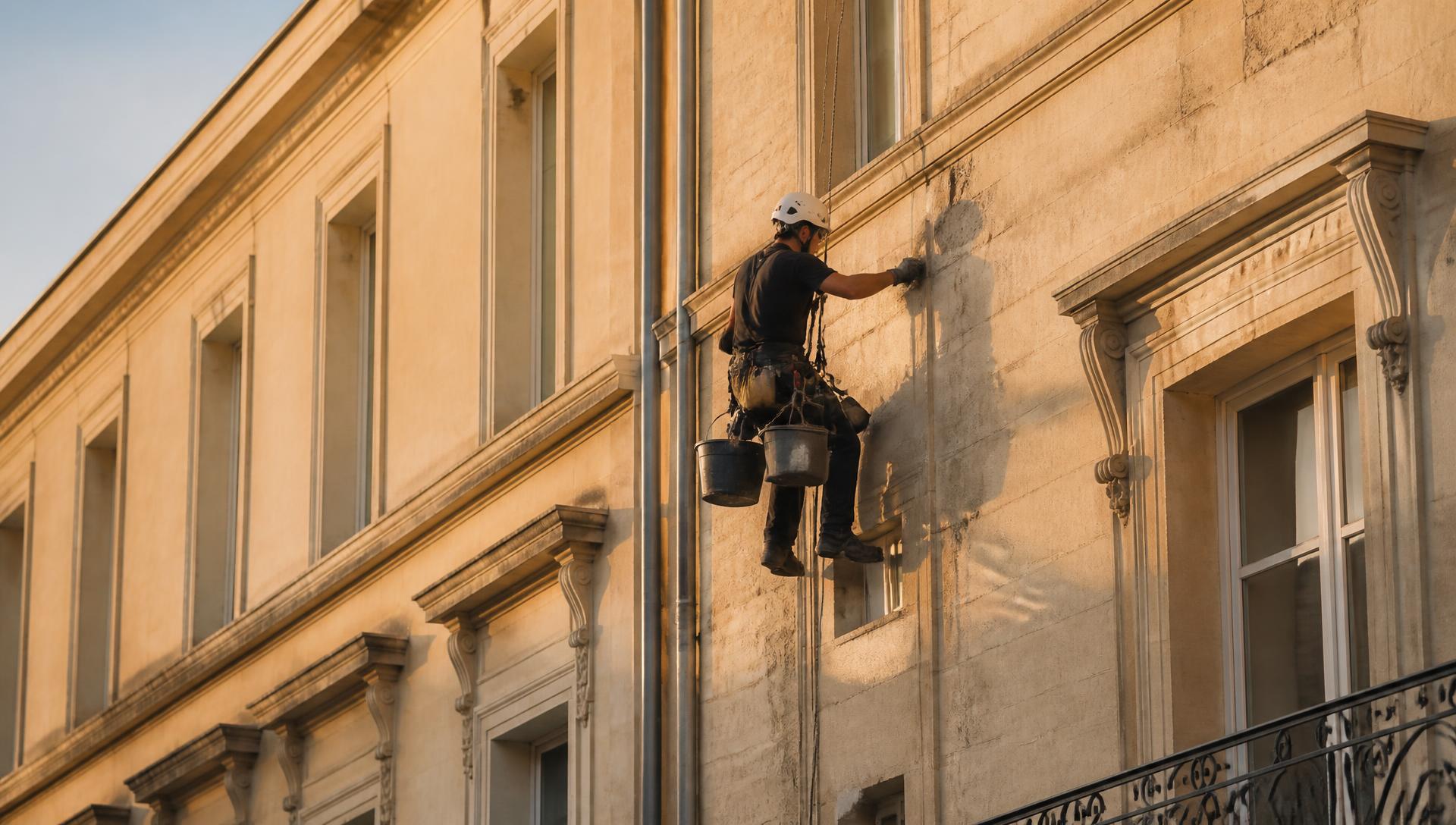 Cordiste intervenant sur une façade en pierre calcaire à Bordeaux