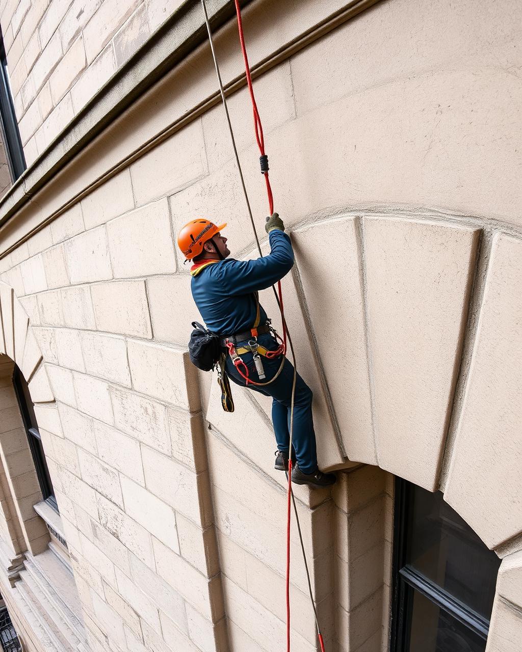 Cordiste suspendu à ses cordes sur une façade en pierre